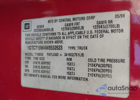 1998 GMC Sonoma Sls z USA, uszkodzony, nr VIN 1GTCT19W4W8532623